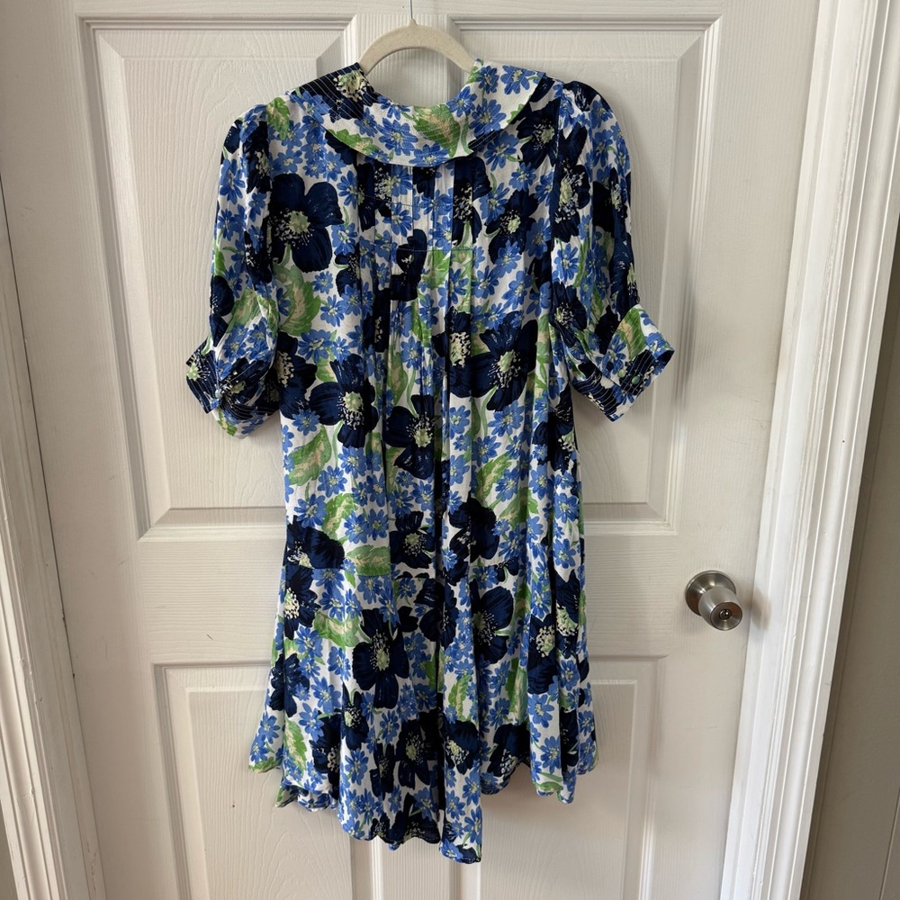 Free People Floral Mini Dress Blue Green Flowy V Neck Size LG Moon Chaser - Picture 4 of 13
